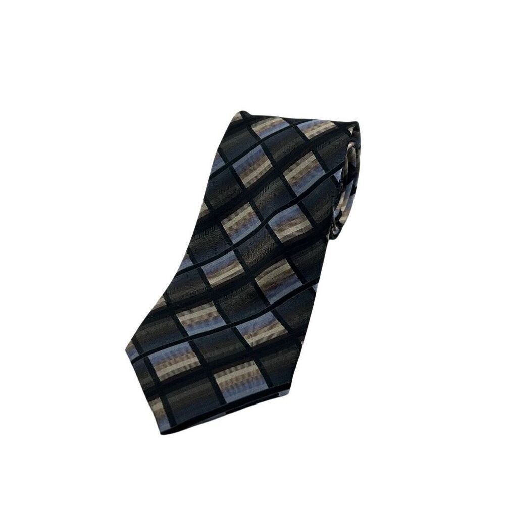 Robert Villini Courture Geometric Handmade Tie Silk Necktie Blue Brown Black